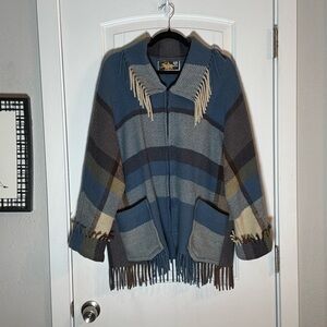 Vintage Women’s 100% New Wool Zip-Up, Made in Norway, Fringe Cape
